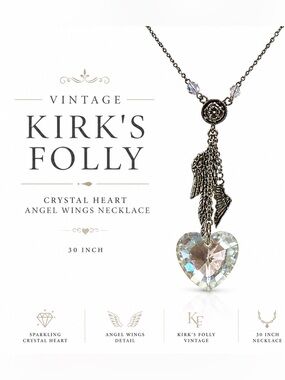 C514 Vintage Kirk’s Folly Crystal Heart Angel Wings 30” Necklace.